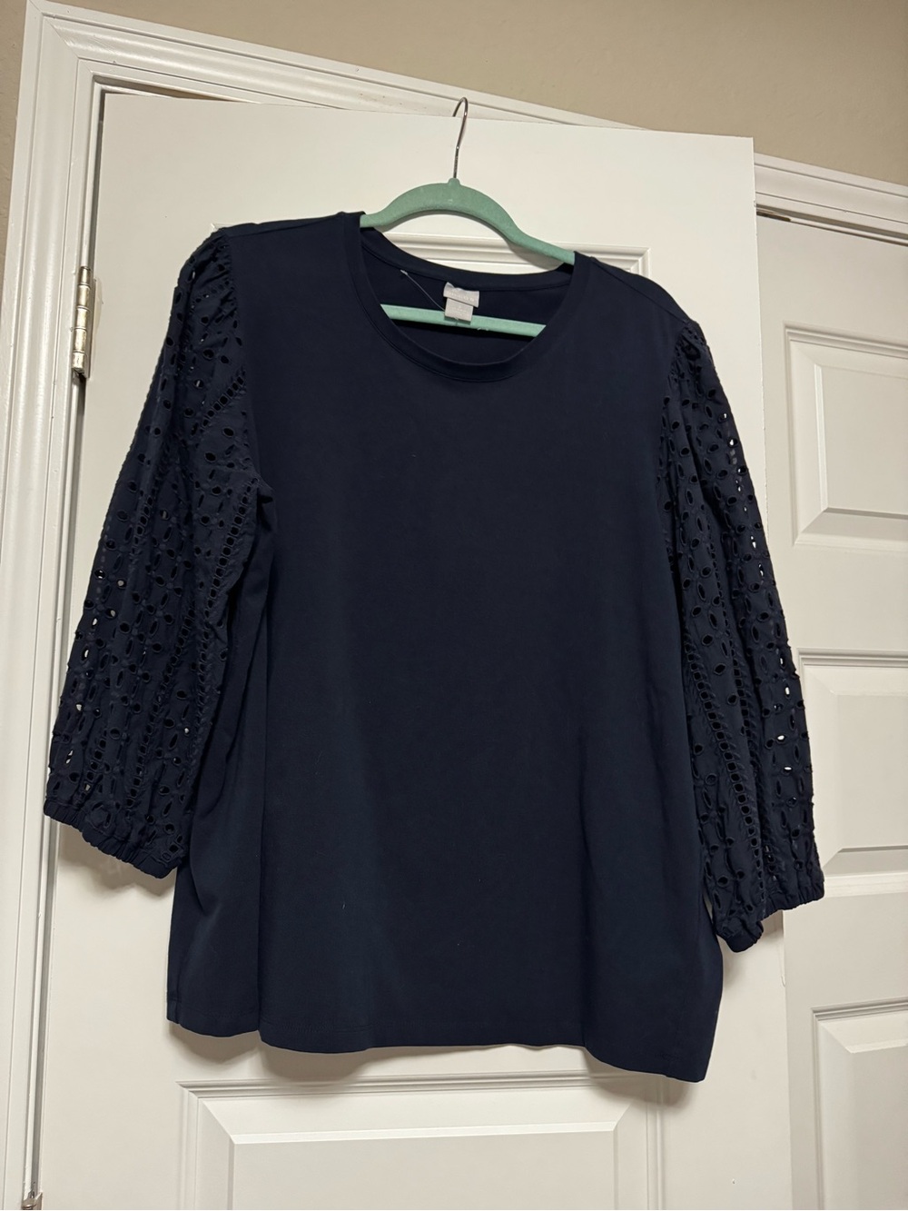 Chico’s | Navy Blue Pointelle Sleeve Cotton Top | size XL